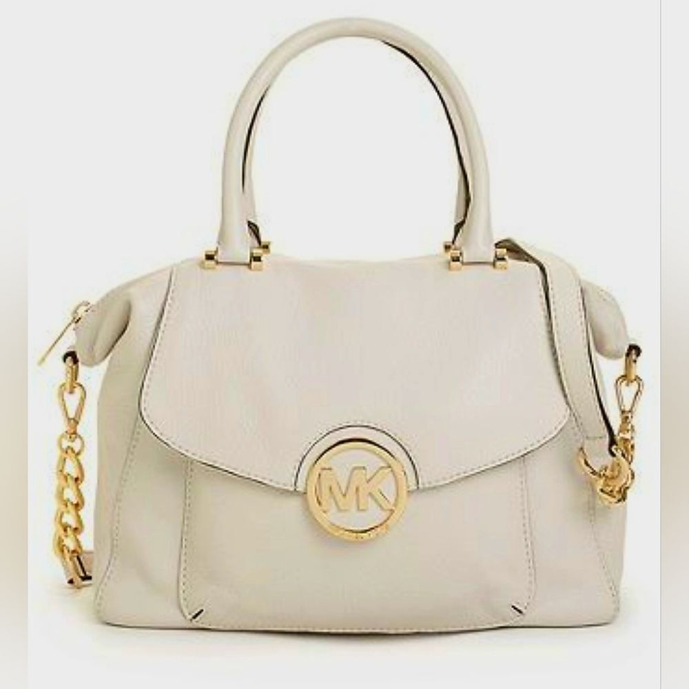 Michael Kors Mk Designer Light Gray Fulton Satchel Purse Bag Gold Accents